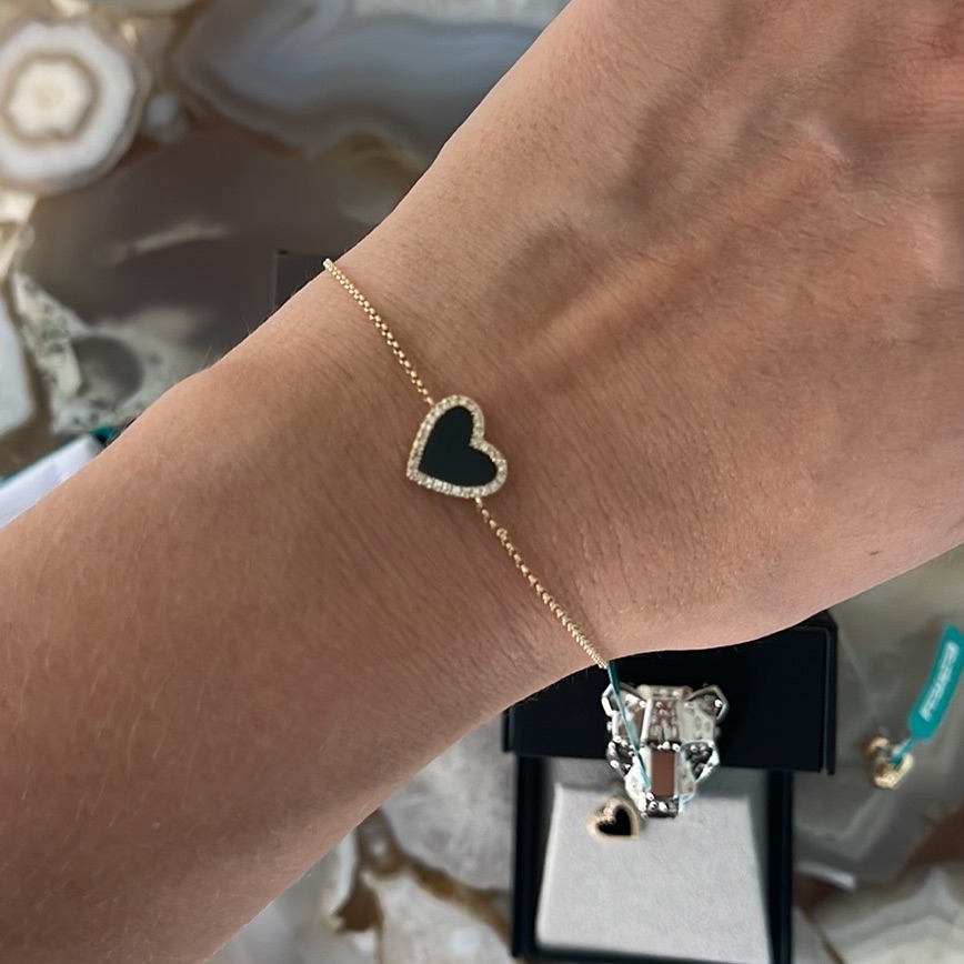 1305 New Effy 14k Yellow Gold Diamond Onyx Heart Bracelet Authentic Love 850$